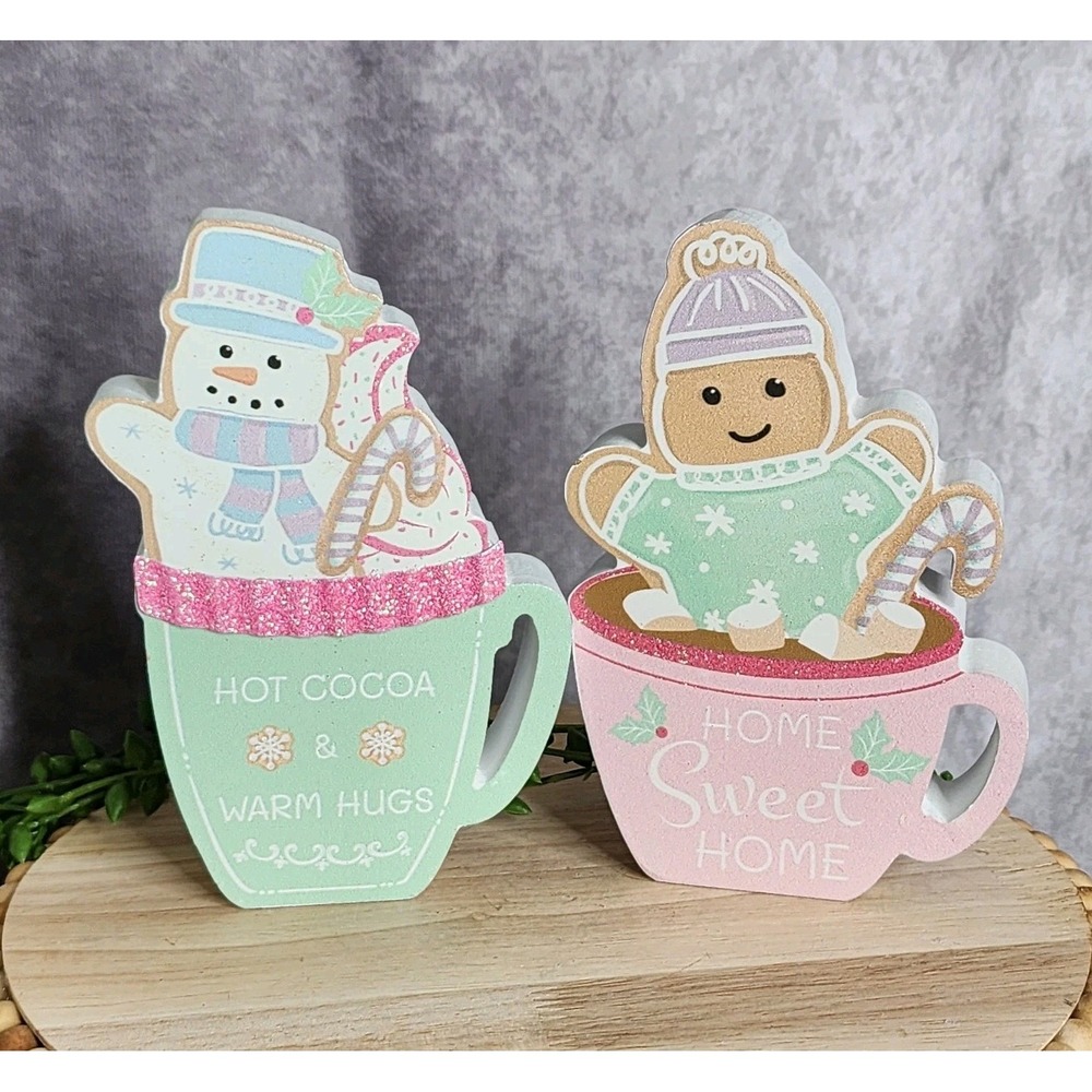 Pastel Gingerbread Man Snowman Hot Cocoa Mug Wooden Signs 6" Christmas 2 Pc NEW